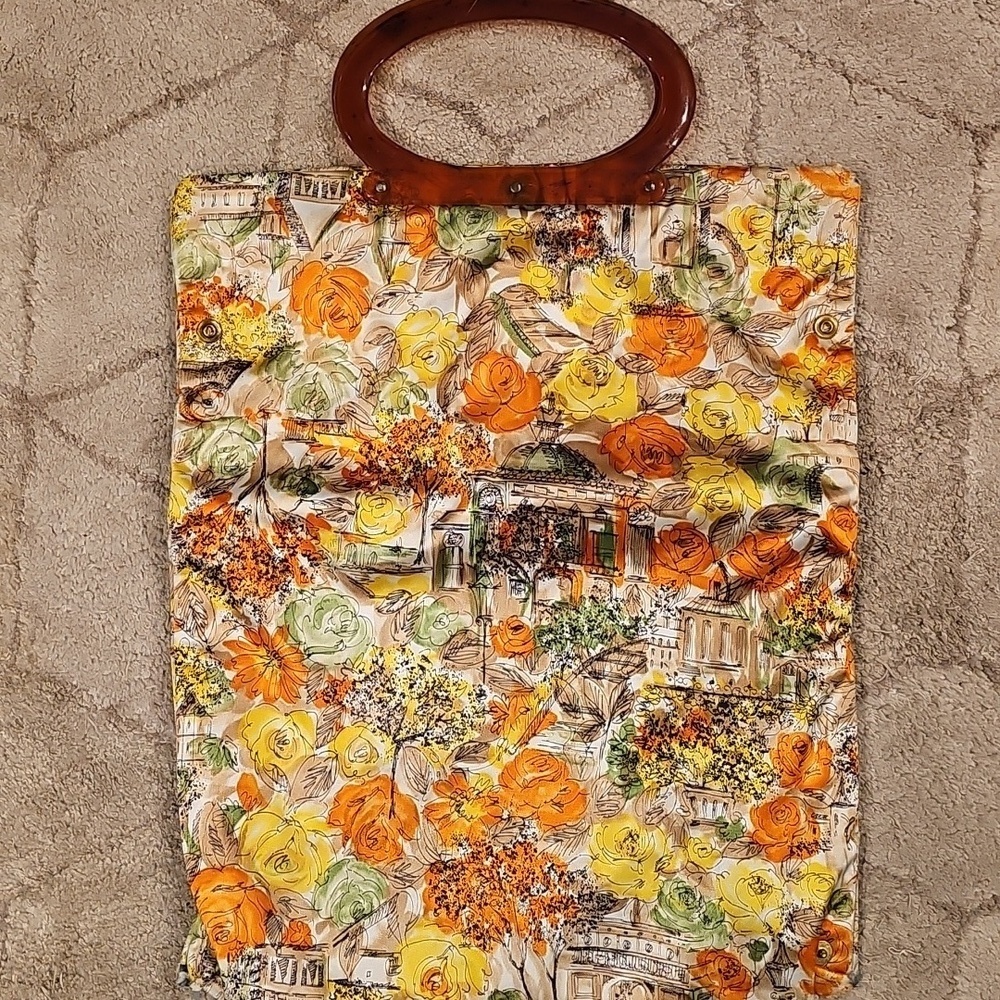 Floral Hangbag Tote-All Bag Double Lucite Handles Lady's Pride Retro MCM USA Vtg